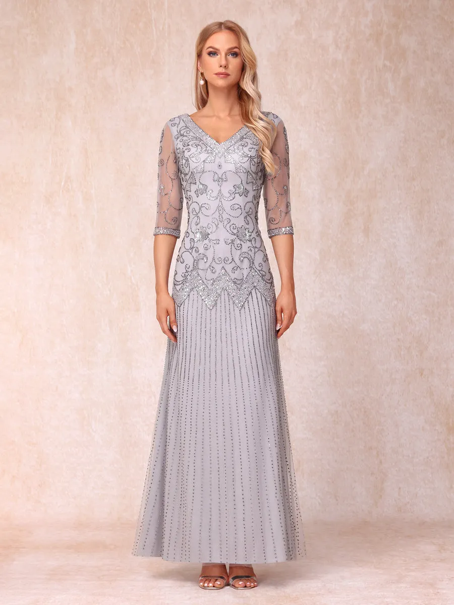 Sheath/Column V-Neck 3/4 Sleeves Long Formal Evening Dresses with Beading & Sequins sold by Lavetir product image thumbnail 3
