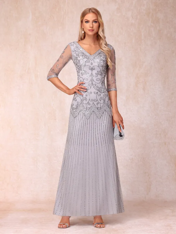 Sheath/Column V-Neck 3/4 Sleeves Long Formal Evening Dresses with Beading & Sequins sold by Lavetir