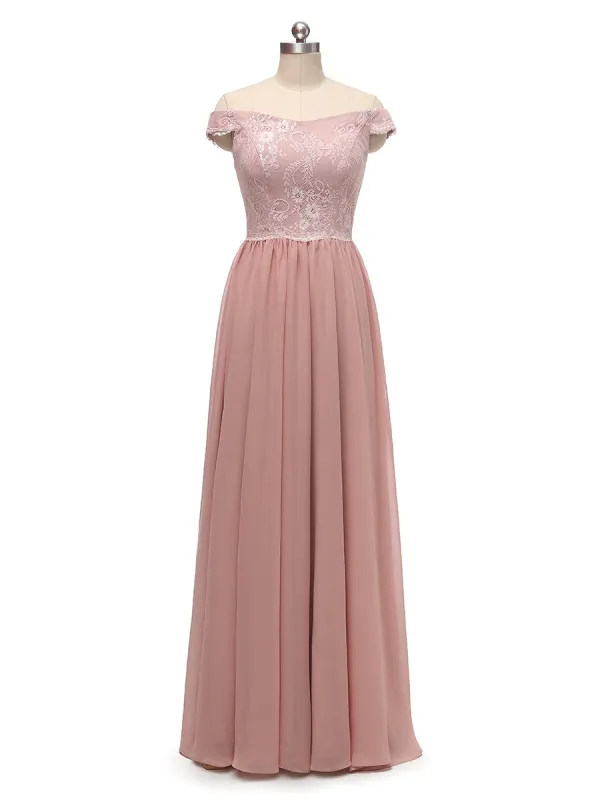 A-Line/Princess Off-the-Shoulder Sleeveless Chiffon With Lace Floor-Length Bridesmaid Dresses sold by Lavetir