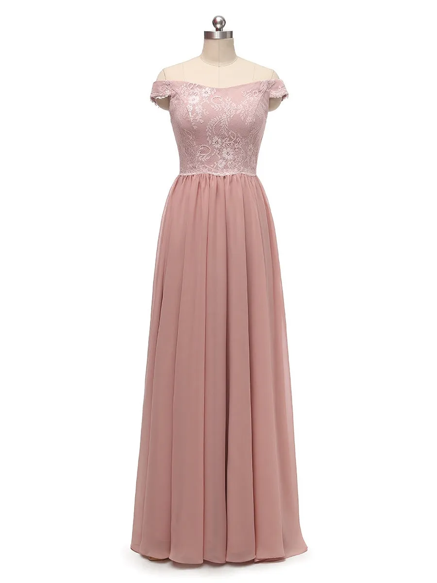 A-Line/Princess Off-the-Shoulder Sleeveless Chiffon With Lace Floor-Length Bridesmaid Dresses sold by Lavetir