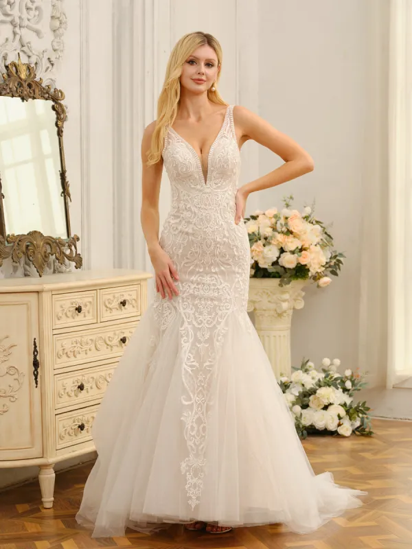 Trumpet/Mermaid V-Neck Sleeveless Long Wedding Dresses with Appliques sold by Lavetir