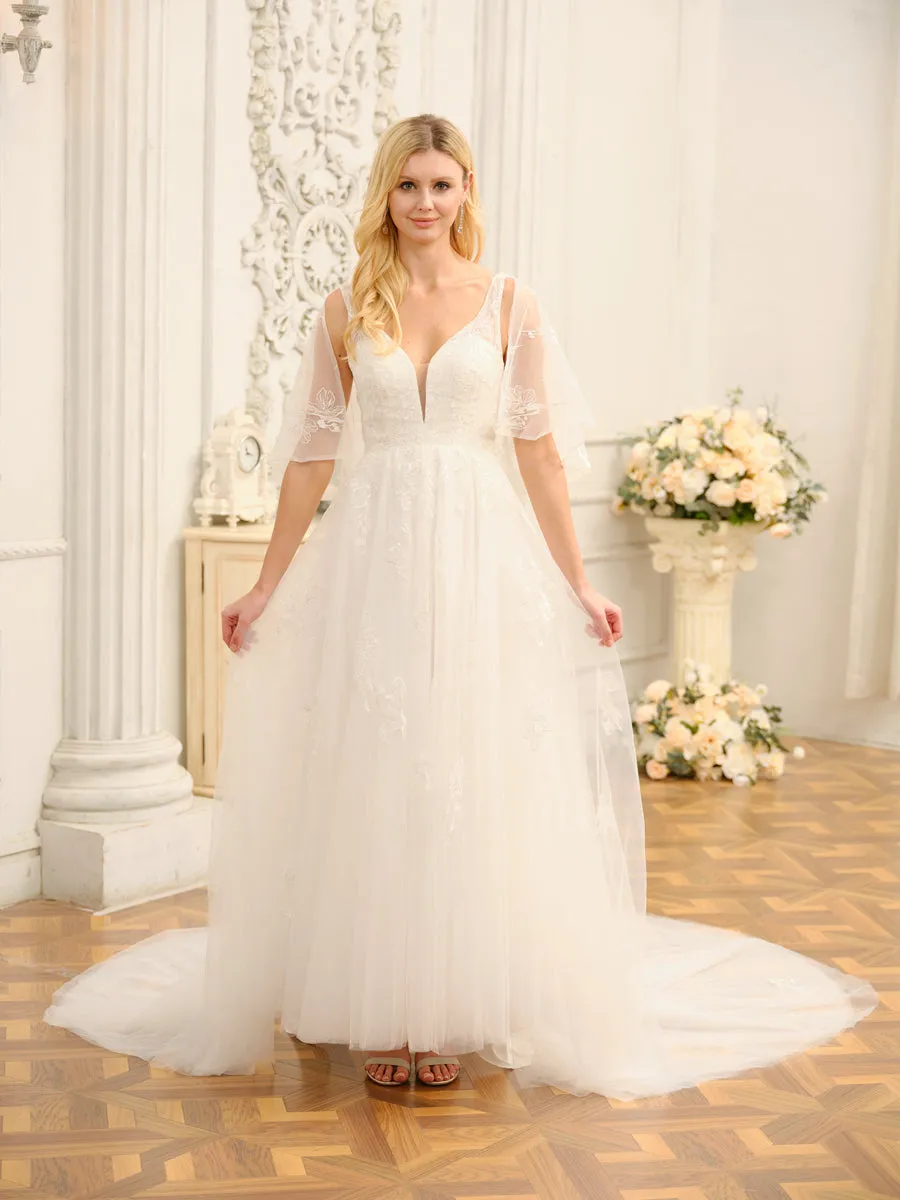 A-Line/Princess V-Neck Half Sleeves Long Wedding Dresses with Appliques sold by Lavetir product image thumbnail 3