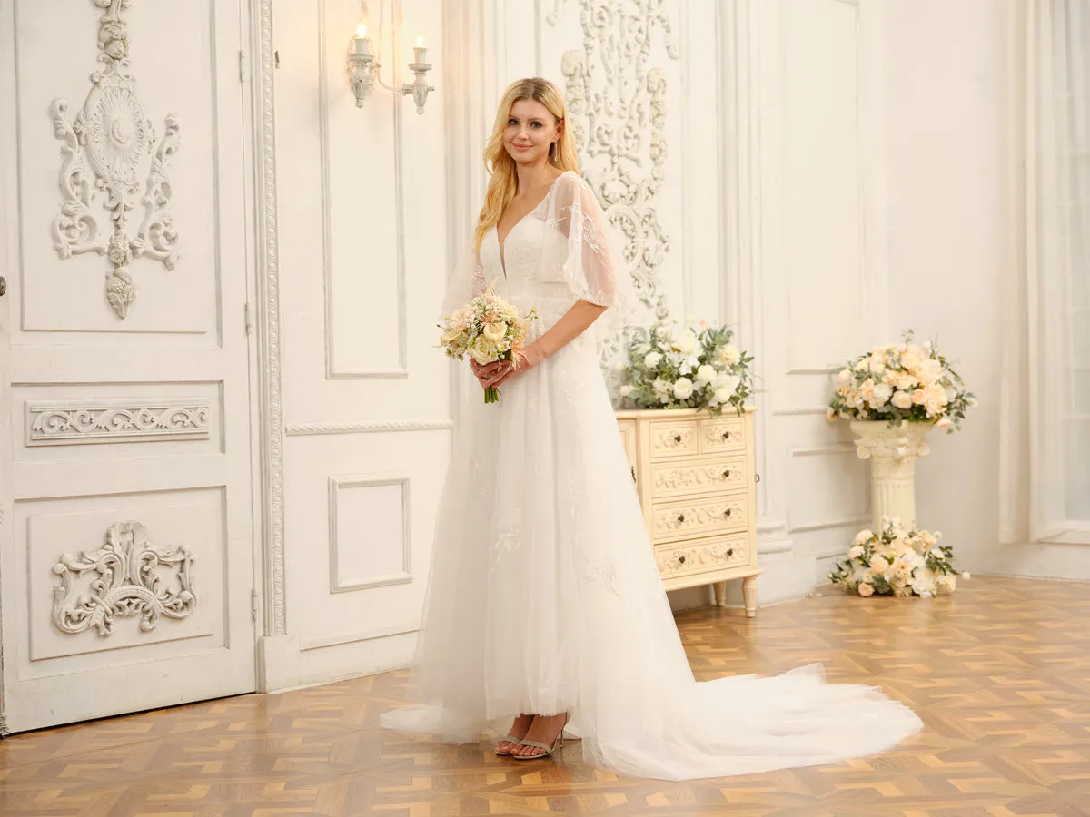 A-Line/Princess V-Neck Half Sleeves Long Wedding Dresses with Appliques sold by Lavetir product image thumbnail 4