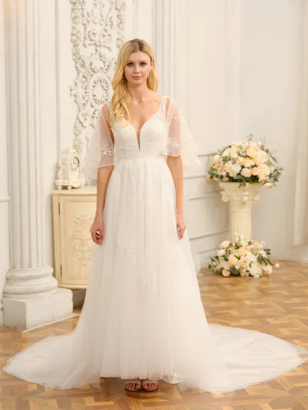 A-Line/Princess V-Neck Half Sleeves Long Wedding Dresses with Appliques sold by Lavetir