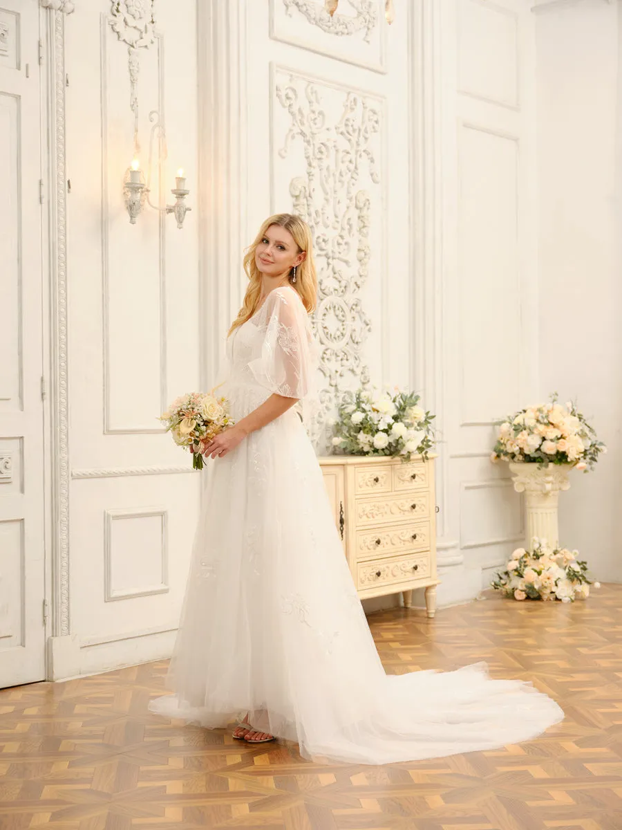A-Line/Princess V-Neck Half Sleeves Long Wedding Dresses with Appliques sold by Lavetir product image thumbnail 5