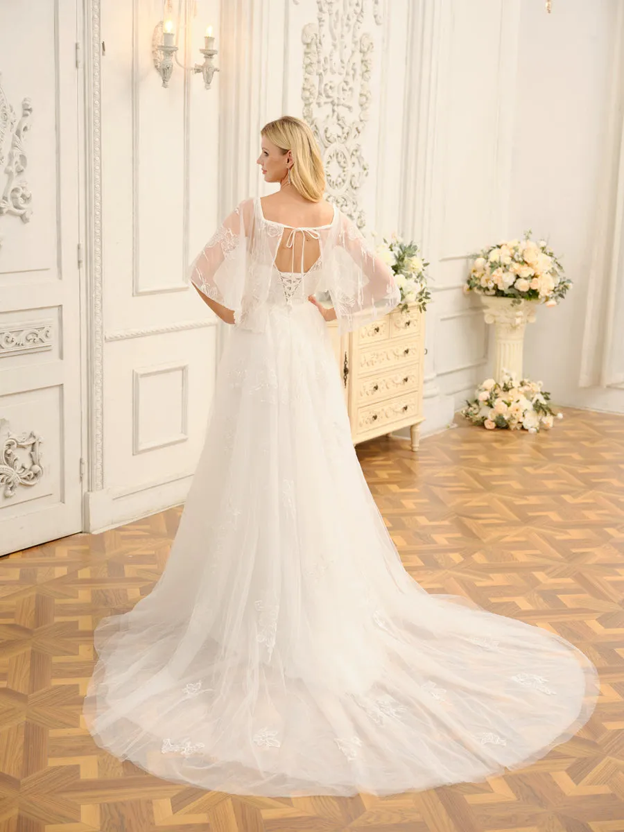 A-Line/Princess V-Neck Half Sleeves Long Wedding Dresses with Appliques sold by Lavetir product image thumbnail 2