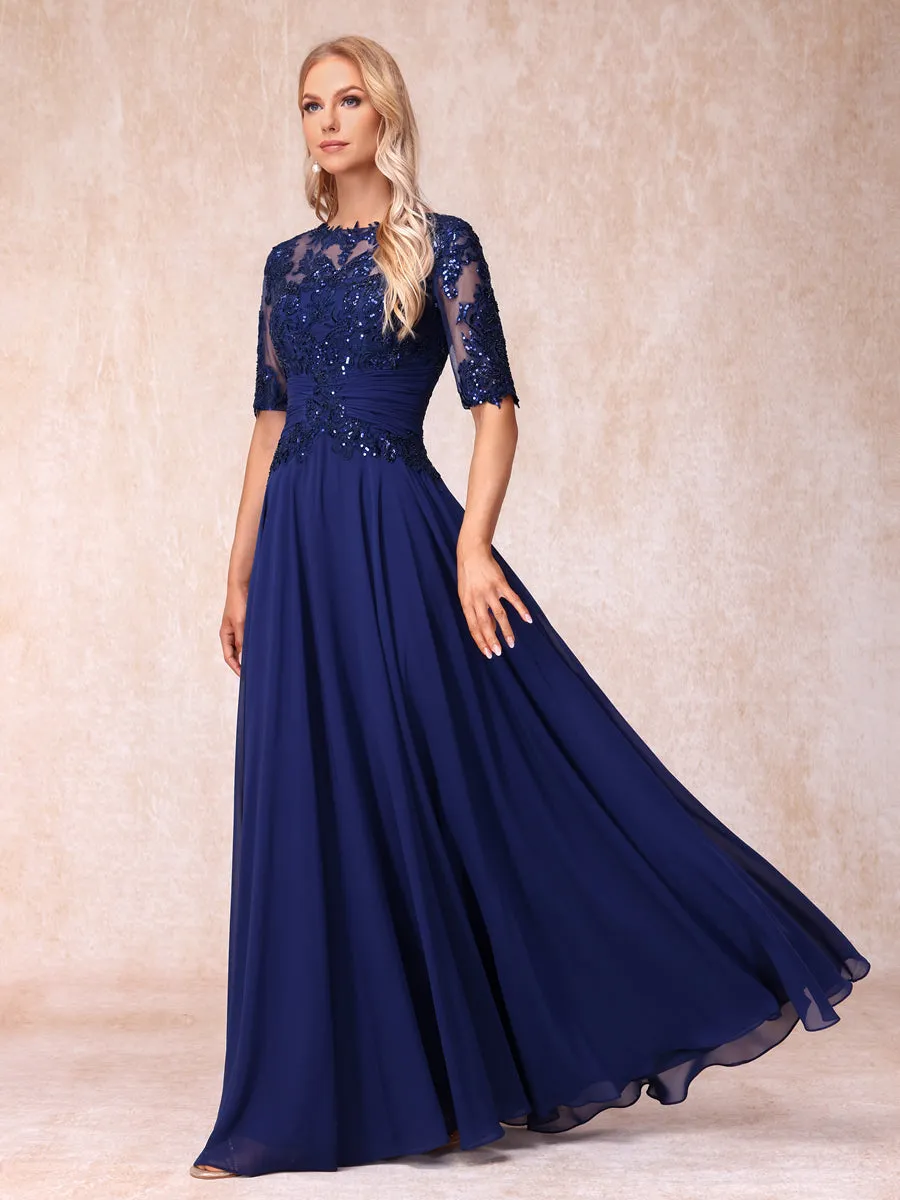A-Line/Princess Sheer Neck Half Sleeves Long Formal Evening Dresses with Sequins sold by Lavetir product image thumbnail 5
