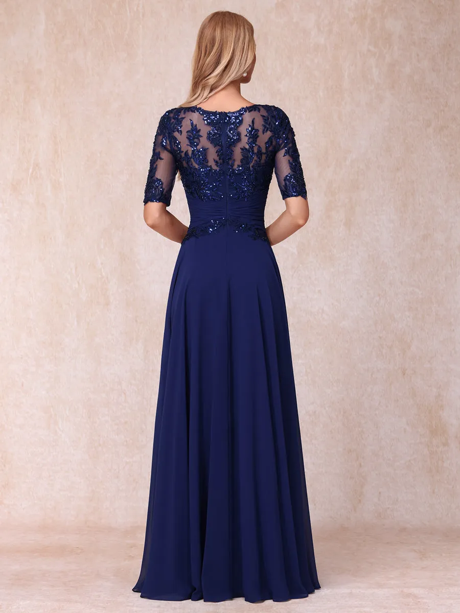 A-Line/Princess Sheer Neck Half Sleeves Long Formal Evening Dresses with Sequins sold by Lavetir product image thumbnail 2
