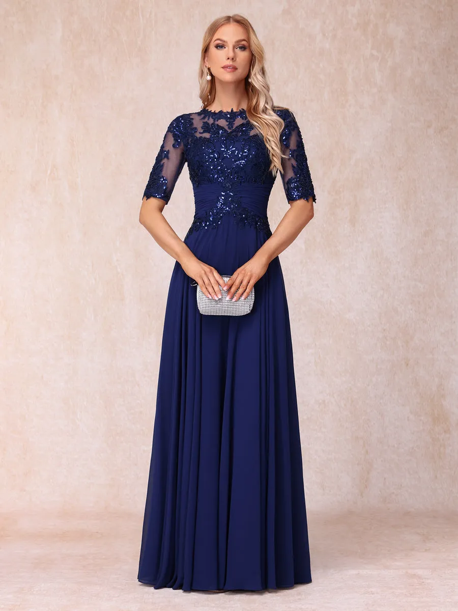 A-Line/Princess Sheer Neck Half Sleeves Long Formal Evening Dresses with Sequins sold by Lavetir product image thumbnail 3