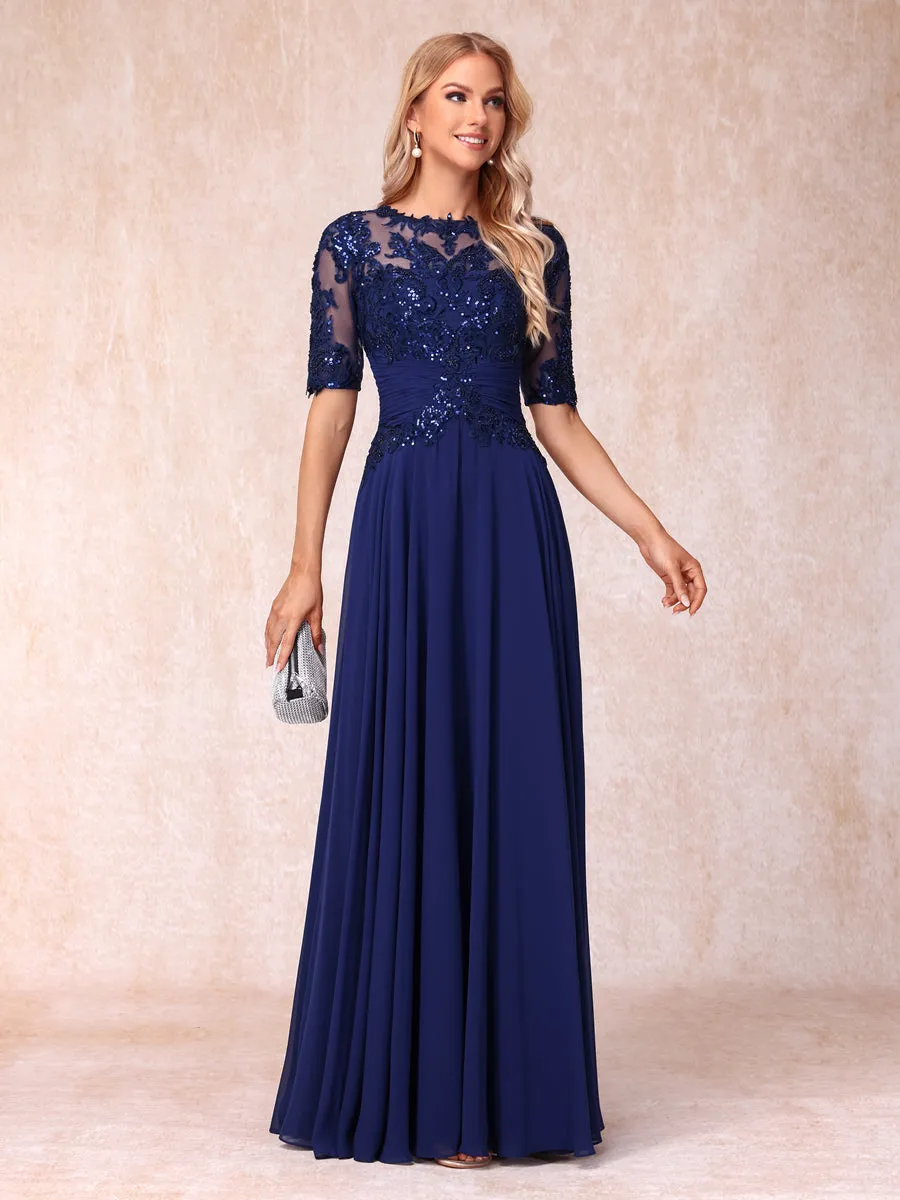 A-Line/Princess Sheer Neck Half Sleeves Long Formal Evening Dresses with Sequins sold by Lavetir product image thumbnail 4