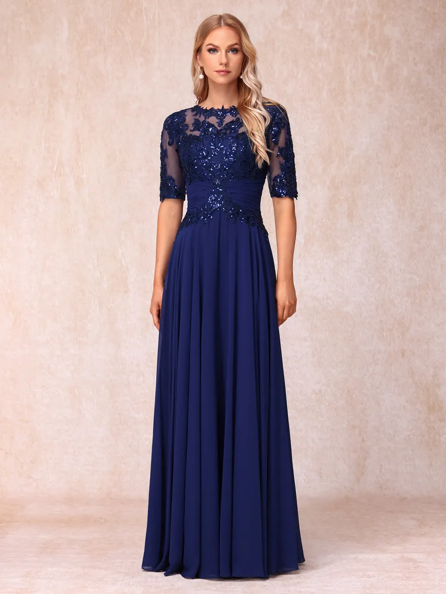 A-Line/Princess Sheer Neck Half Sleeves Long Formal Evening Dresses with Sequins sold by Lavetir