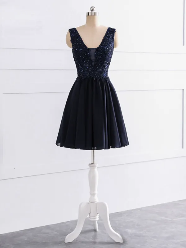 A-Line/Princess V-Neck Sleeveless Satin With Applique Beading Short/Mini Bridesmaid Dresses sold by Lavetir