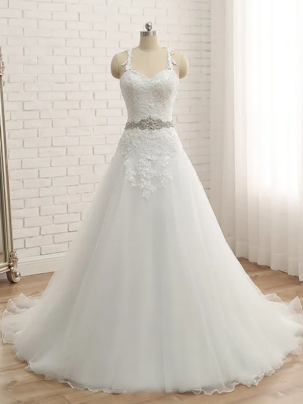 A-Line/Princess Spaghetti Straps Sleeveless Applique With Belt Tulle Floor-Length Wedding Dresses sold by Lavetir