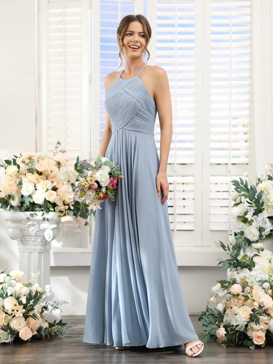 A-Line Halter Sleeveless Ruched Floor-Length Chiffon Bridesmaid Dresses sold by Lavetir product image thumbnail 3