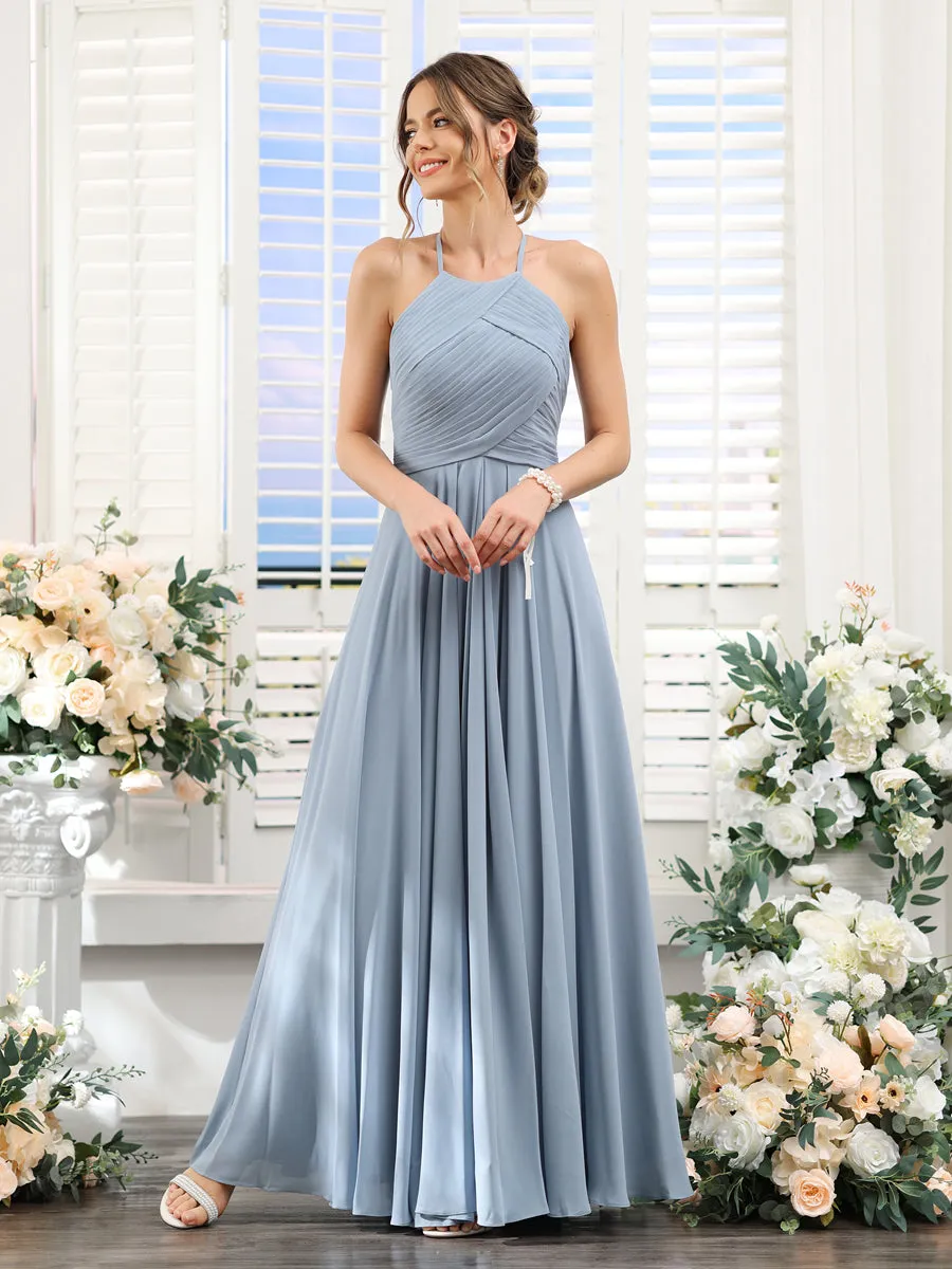 A-Line Halter Sleeveless Ruched Floor-Length Chiffon Bridesmaid Dresses sold by Lavetir