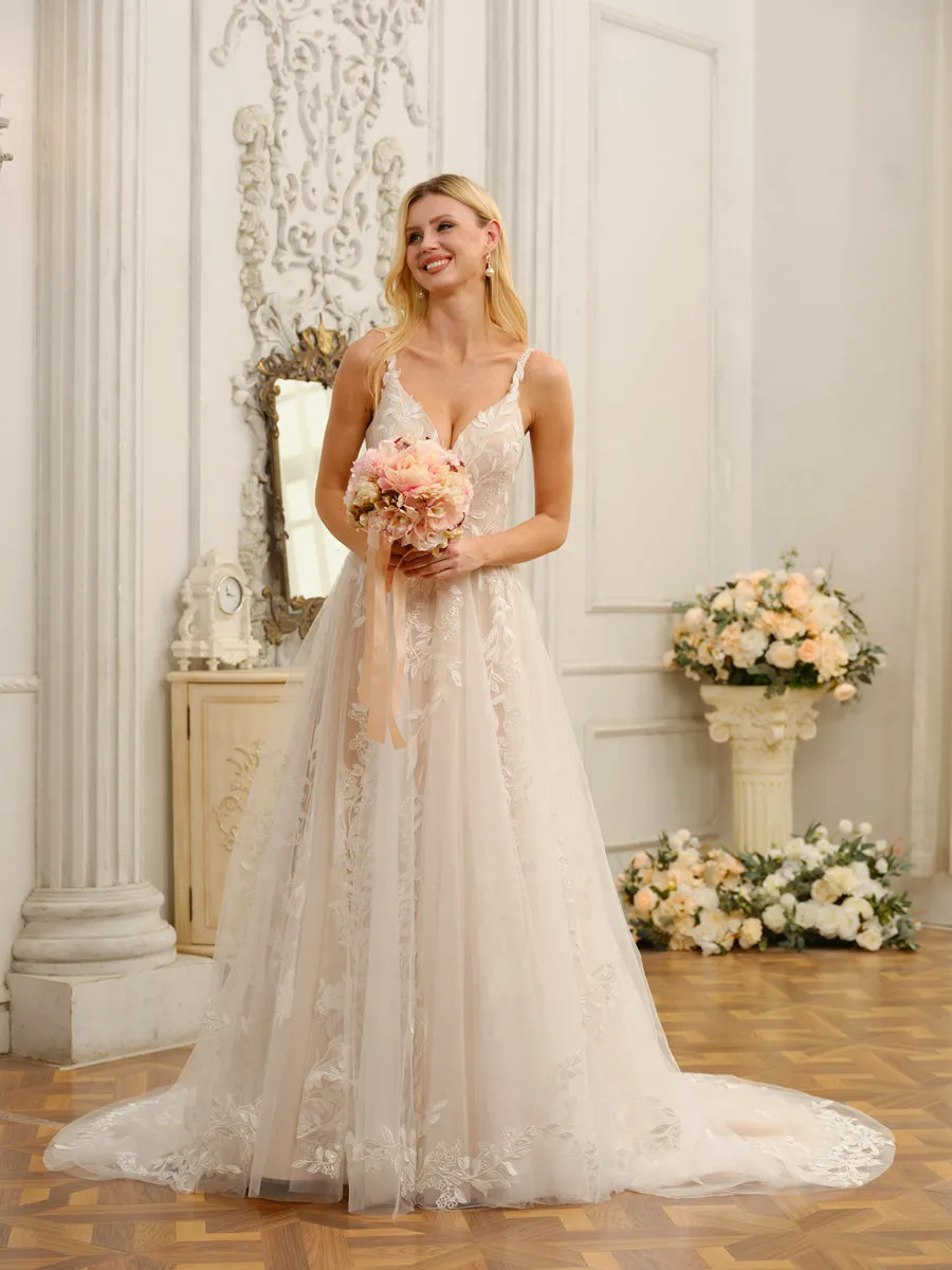A-Line/Princess Spaghetti Straps Sleeveless Long Wedding Dresses with Appliques sold by Lavetir product image thumbnail 3