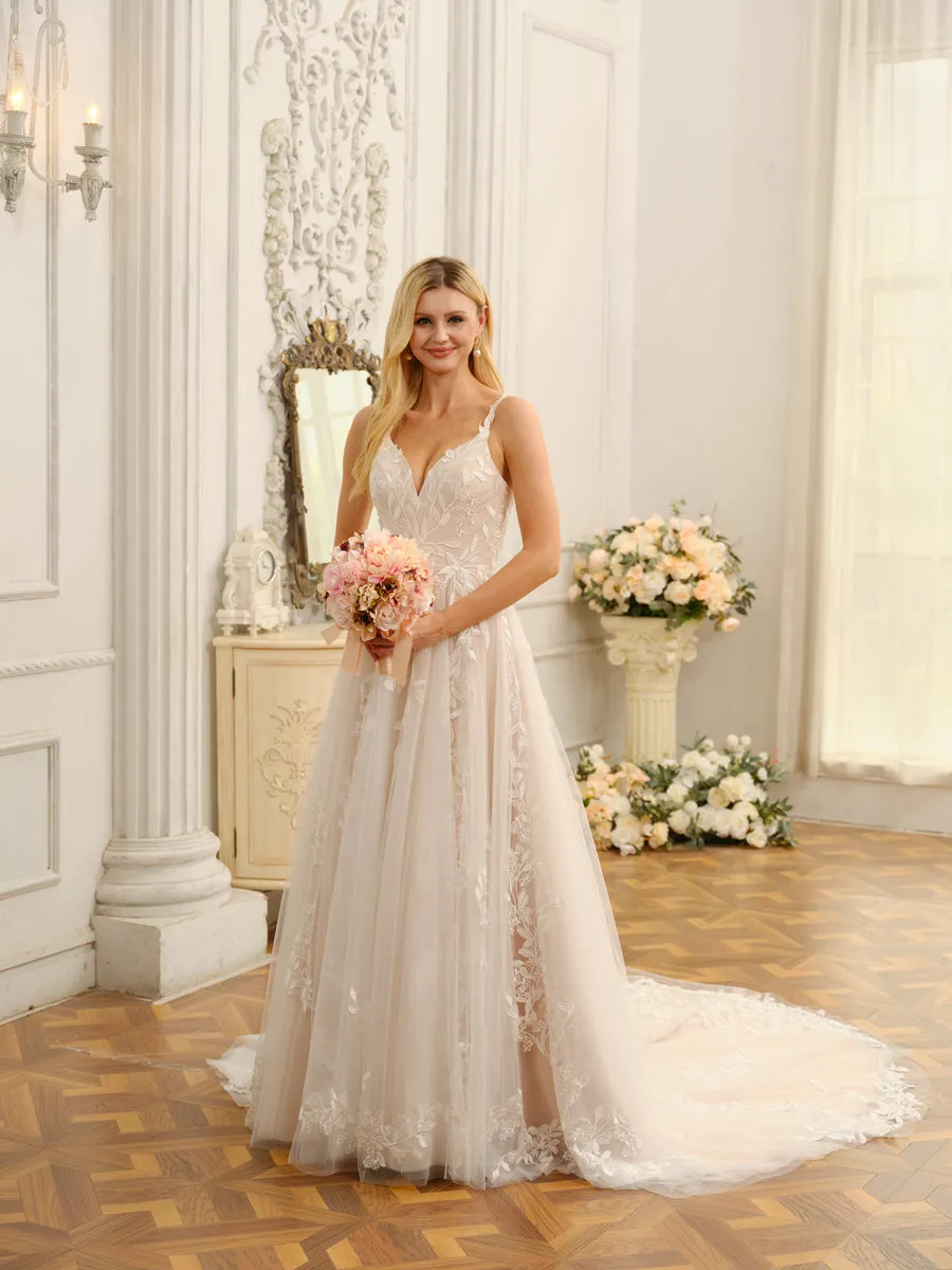 A-Line/Princess Spaghetti Straps Sleeveless Long Wedding Dresses with Appliques sold by Lavetir product image thumbnail 4