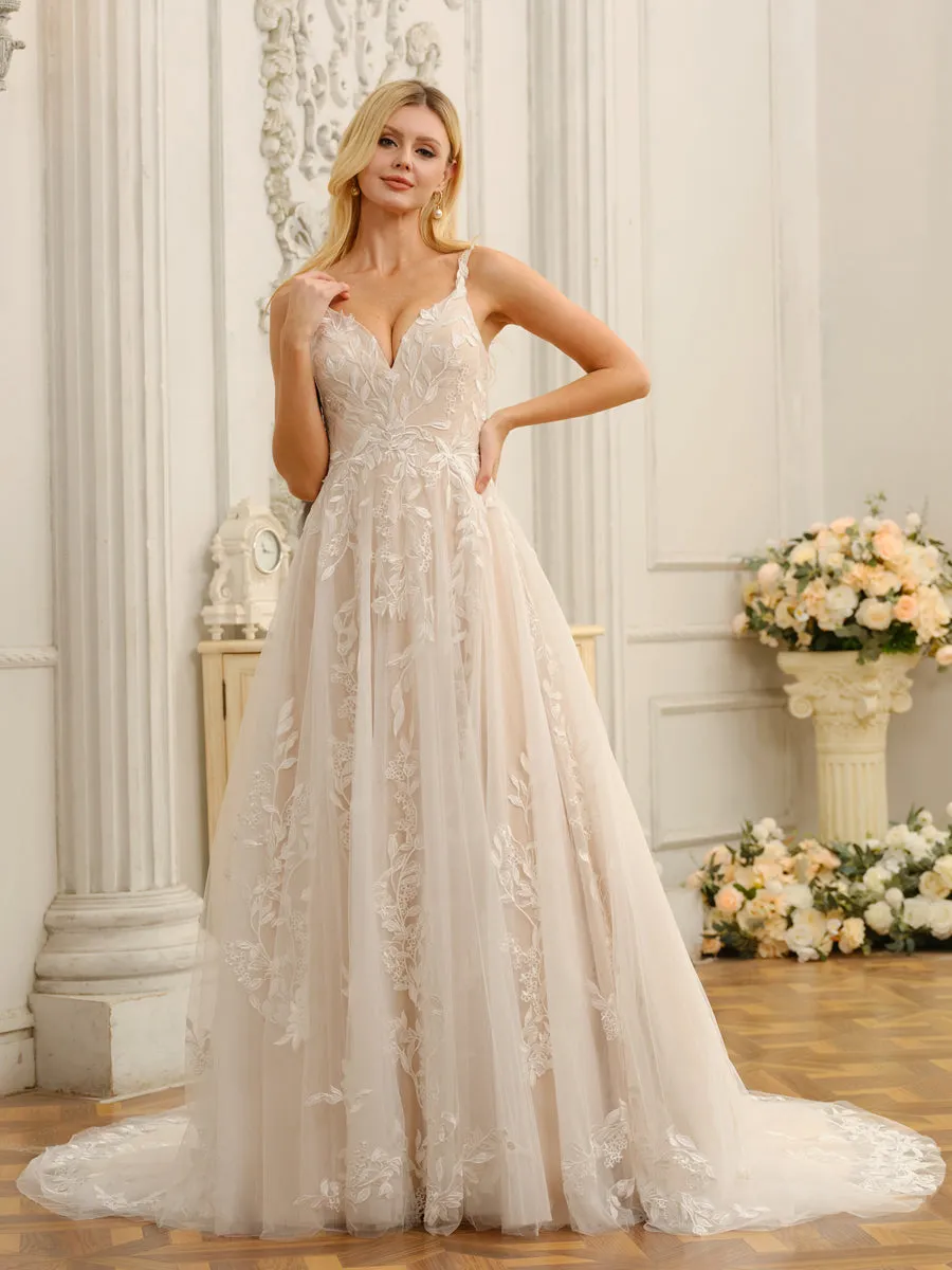 A-Line/Princess Spaghetti Straps Sleeveless Long Wedding Dresses with Appliques sold by Lavetir