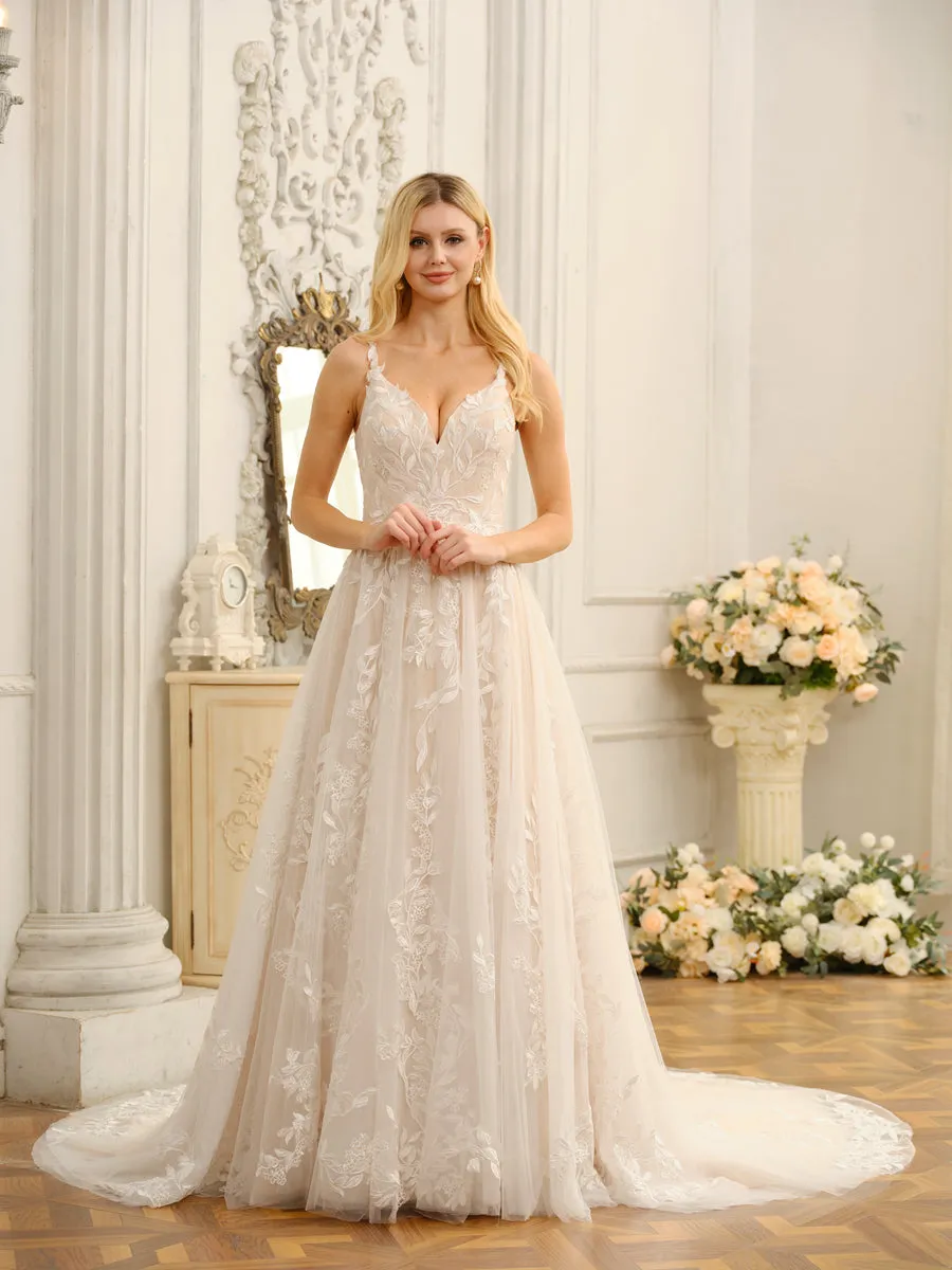 A-Line/Princess Spaghetti Straps Sleeveless Long Wedding Dresses with Appliques sold by Lavetir product image thumbnail 5