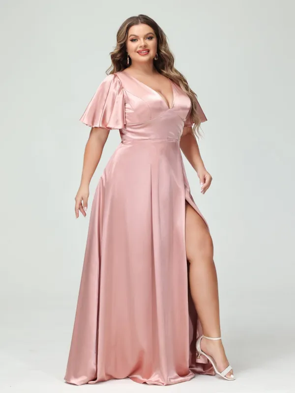 A-Line V-Neck Half Sleeves Silk Satin Plus Size Bridesmaid Dresses with Pockets sold by Lavetir