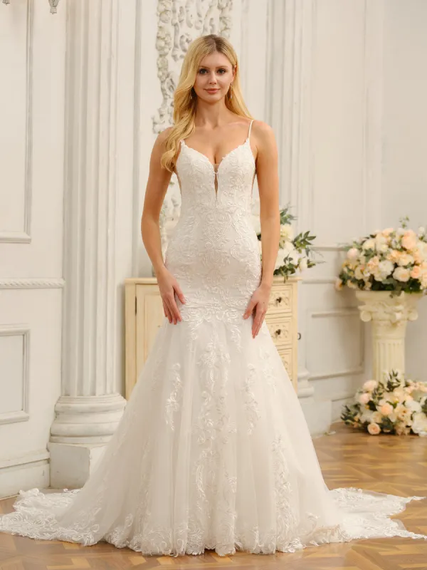 Trumpet/Mermaid Spaghetti Straps Sleeveless Long Wedding Dresses with Appliques sold by Lavetir