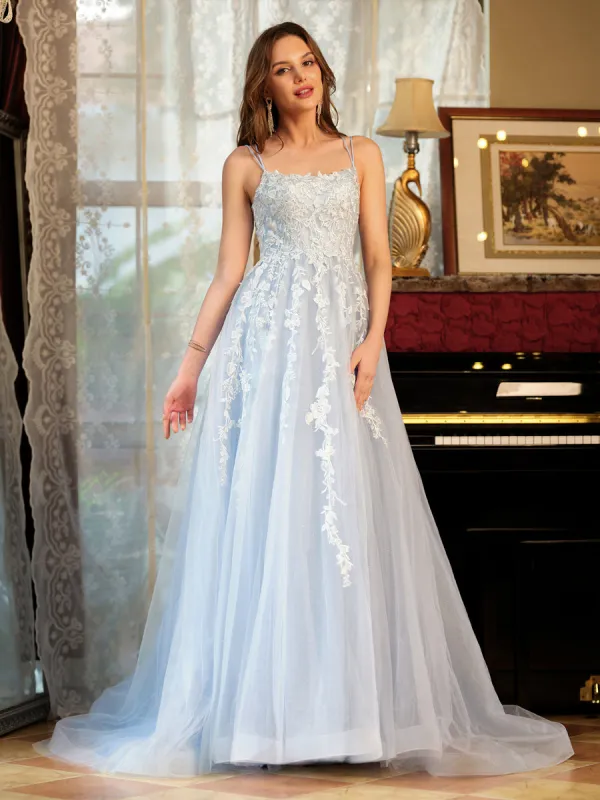 A-Line/Princess Tulle Spaghetti Straps Applique Long Prom Dresses sold by Lavetir