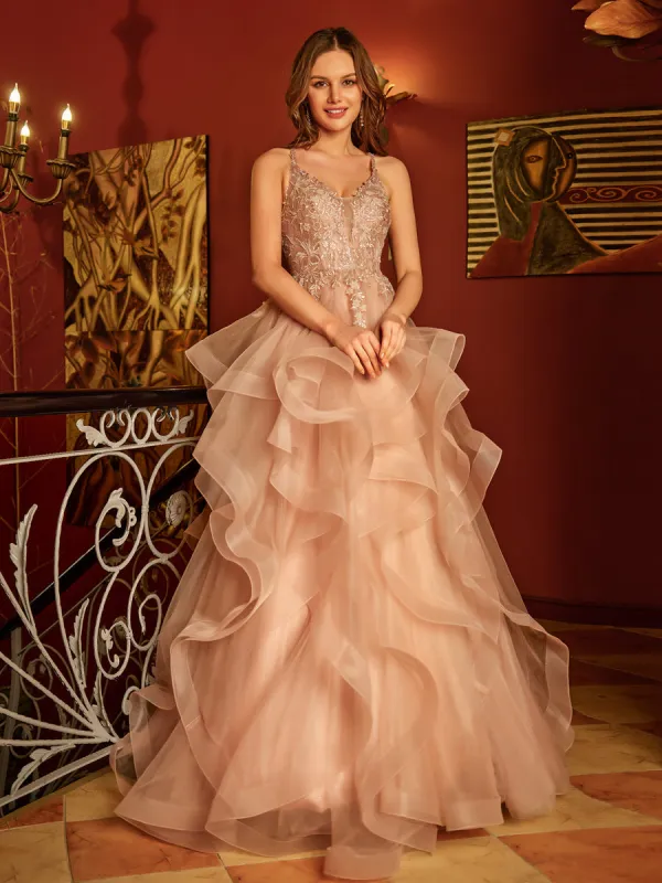 A-Line/Princess V-Neck Applique Sequins Tulle Long Prom Dresses sold by Lavetir