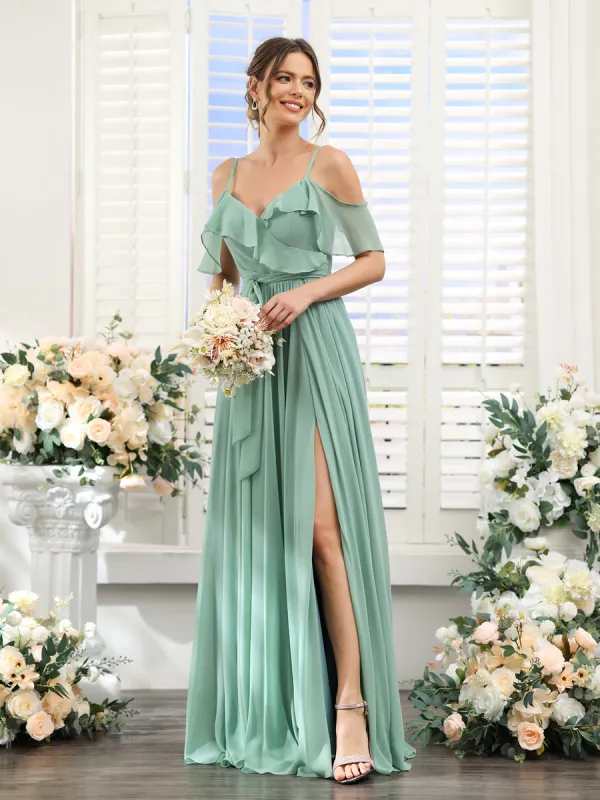 A-Line V-Neck Spaghetti Straps Chiffon Bridesmaid Dresses with Pockets sold by Lavetir
