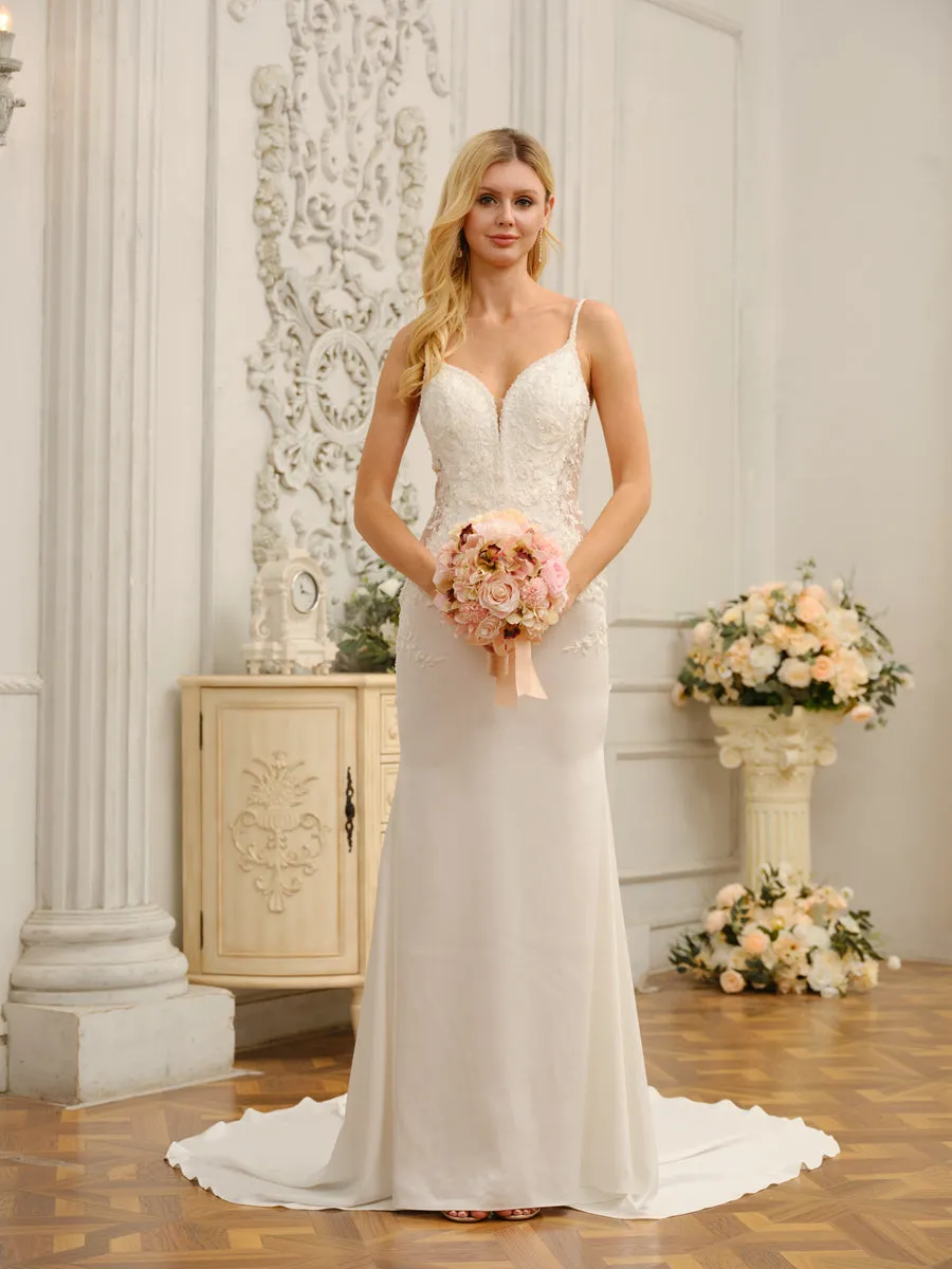 Trumpet/Mermaid Spaghetti Straps Sleeveless Long Wedding Dresses with Appliques & Beading sold by Lavetir product image thumbnail 3