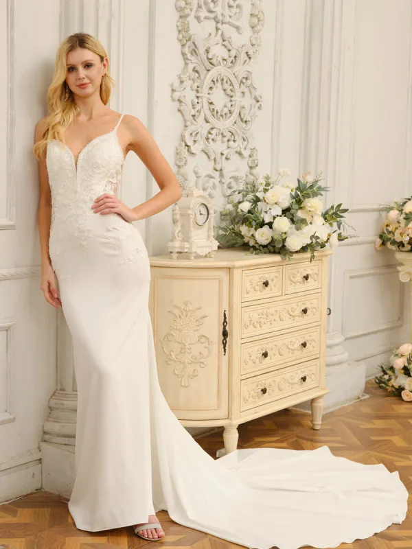 Trumpet/Mermaid Spaghetti Straps Sleeveless Long Wedding Dresses with Appliques & Beading sold by Lavetir