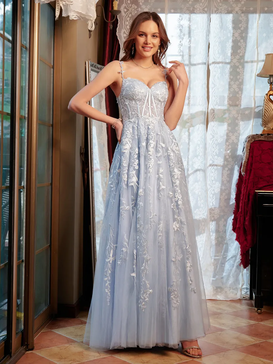 A-Line/Princess Sweetheart Applique Tulle Long Prom Dresses sold by Lavetir product image thumbnail 4