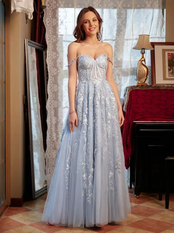 A-Line/Princess Sweetheart Applique Tulle Long Prom Dresses sold by Lavetir