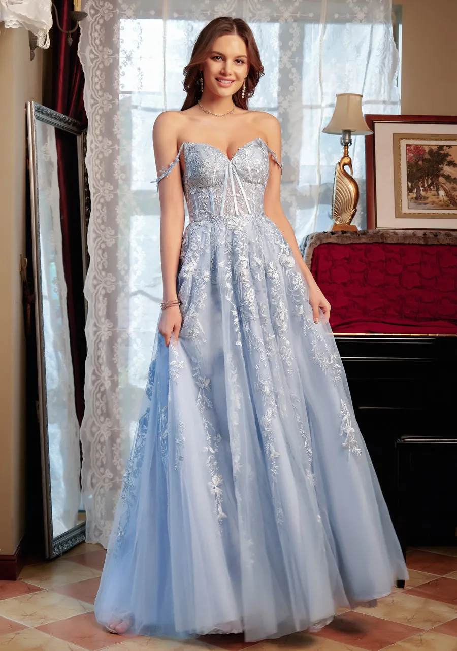 A-Line/Princess Sweetheart Applique Tulle Long Prom Dresses sold by Lavetir product image thumbnail 5