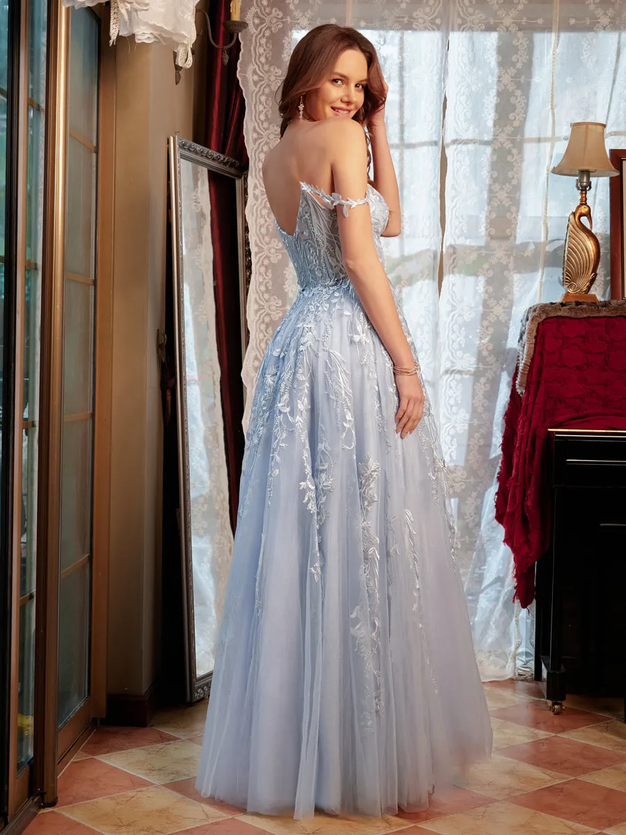 A-Line/Princess Sweetheart Applique Tulle Long Prom Dresses sold by Lavetir product image thumbnail 2