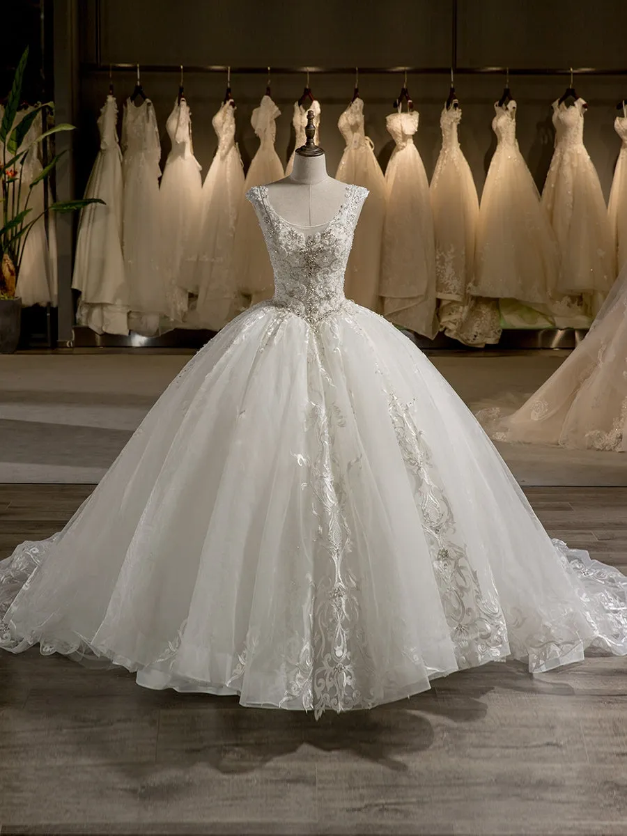 Scoop Sleeveless Tulle Embroidery With Beading Court Train Ball Gown Wedding Dresses sold by Lavetir