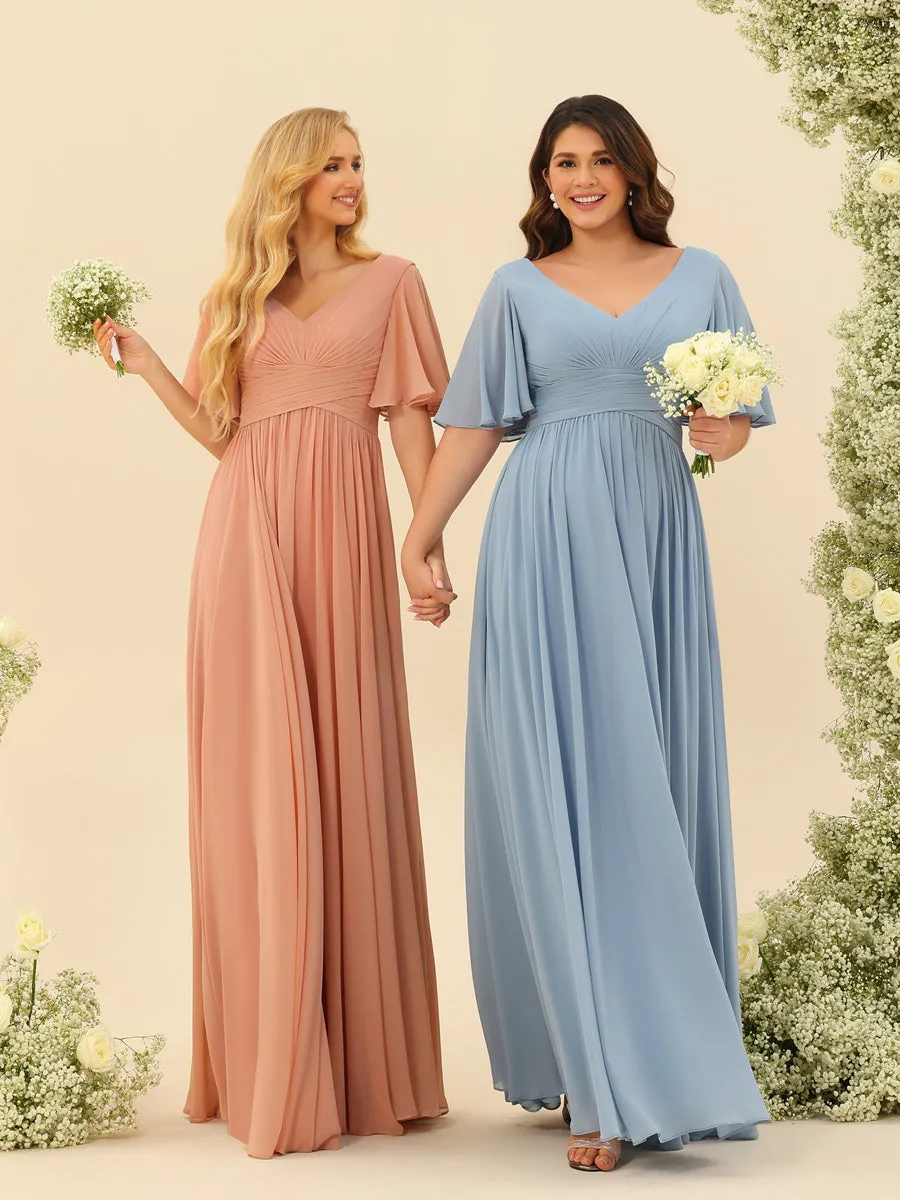 A-Line V-Neck Half Sleeves Split Side Chiffon Bridesmaid Dresses With Pockets sold by Lavetir product image thumbnail 4