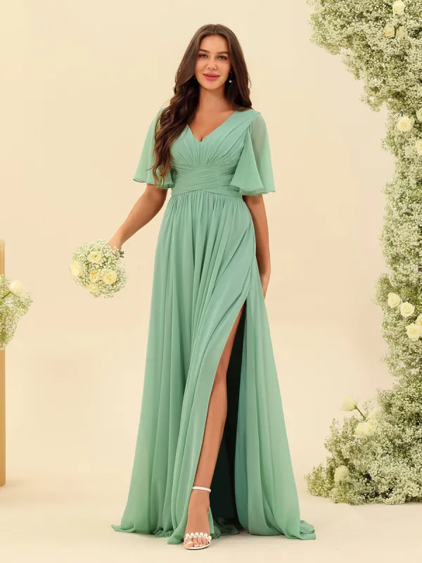 A-Line V-Neck Half Sleeves Split Side Chiffon Bridesmaid Dresses With Pockets sold by Lavetir