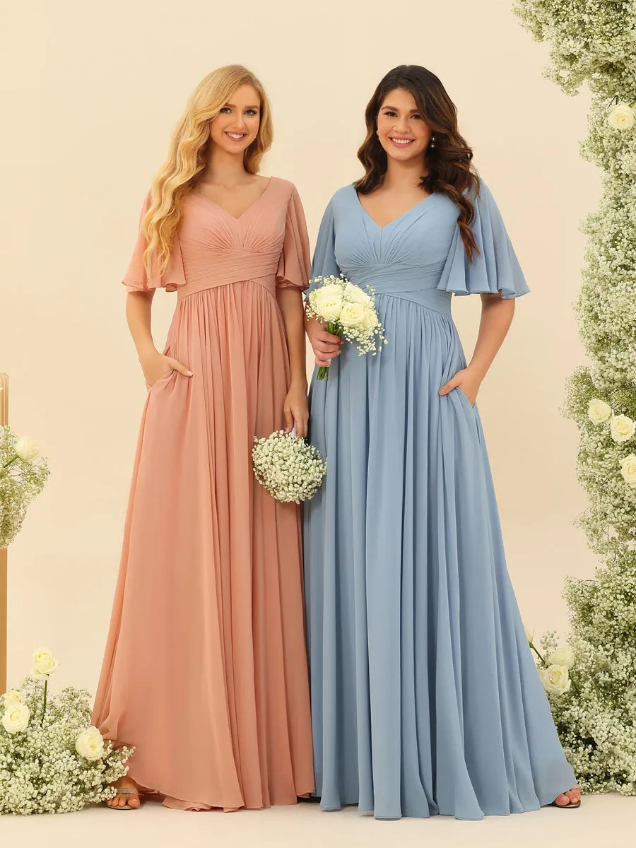 A-Line V-Neck Half Sleeves Split Side Chiffon Bridesmaid Dresses With Pockets sold by Lavetir product image thumbnail 3