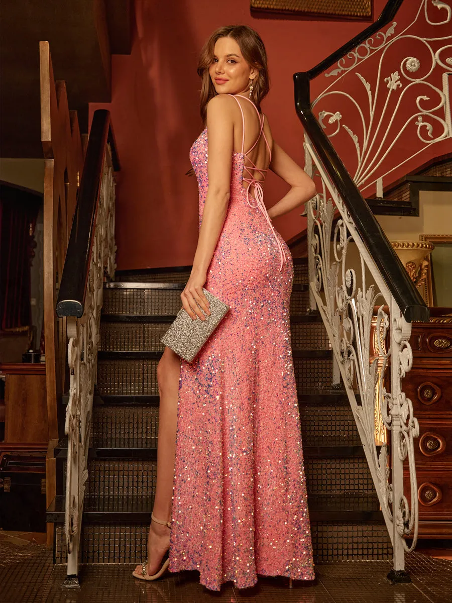 Sheath/Column Spaghetti Straps Split Side Long Tight Prom Dresses sold by Lavetir