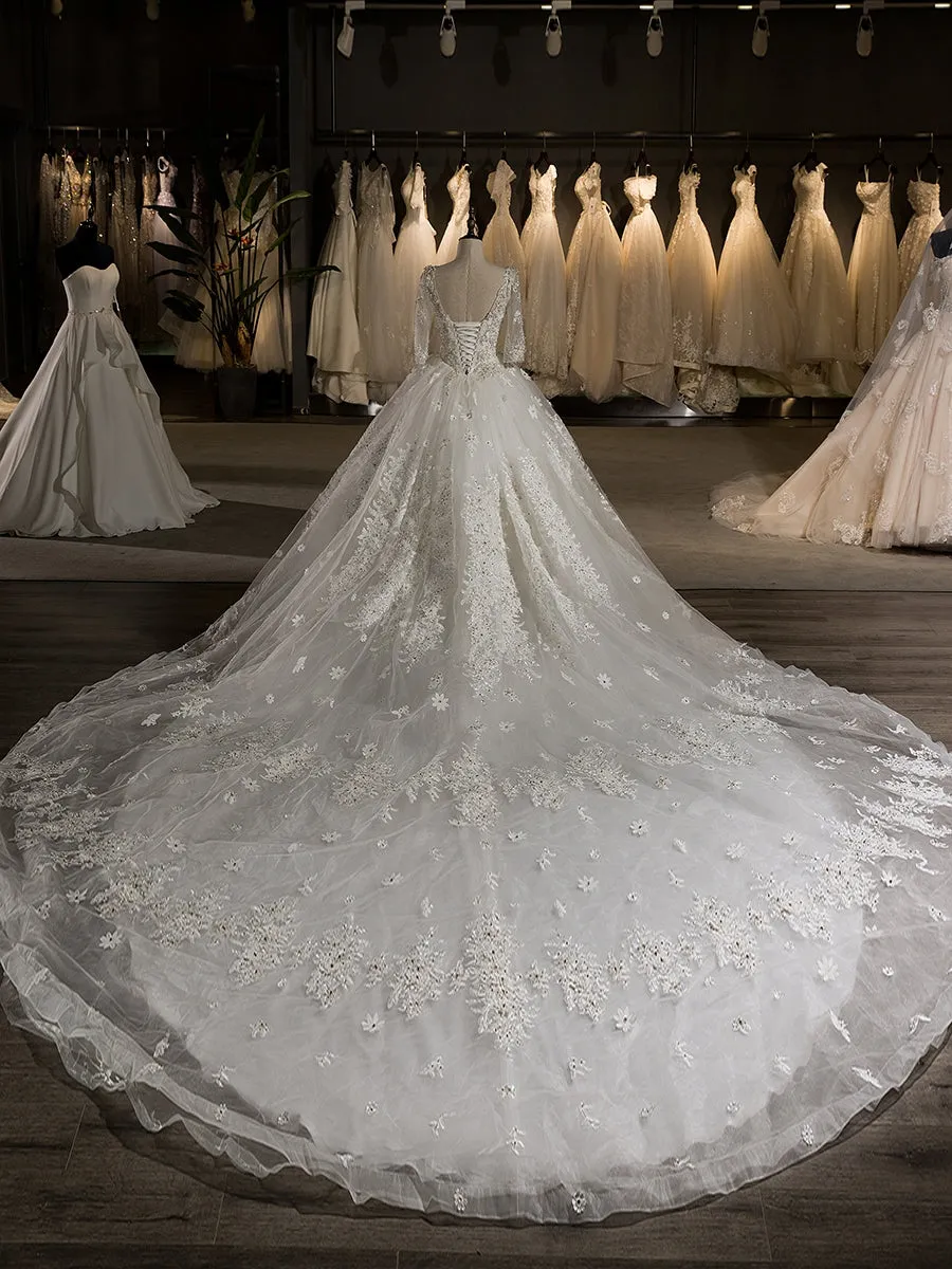 Luxury V-Neck Half Sleeves Tulle Applique With Beading Cathedral Train Ball Gown Wedding Dresses sold by Lavetir product image thumbnail 2