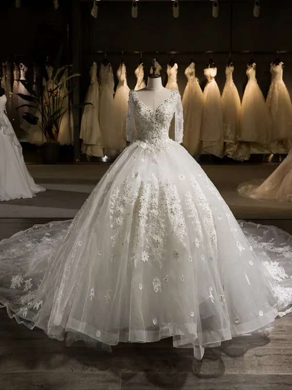 Luxury V-Neck Half Sleeves Tulle Applique With Beading Cathedral Train Ball Gown Wedding Dresses sold by Lavetir