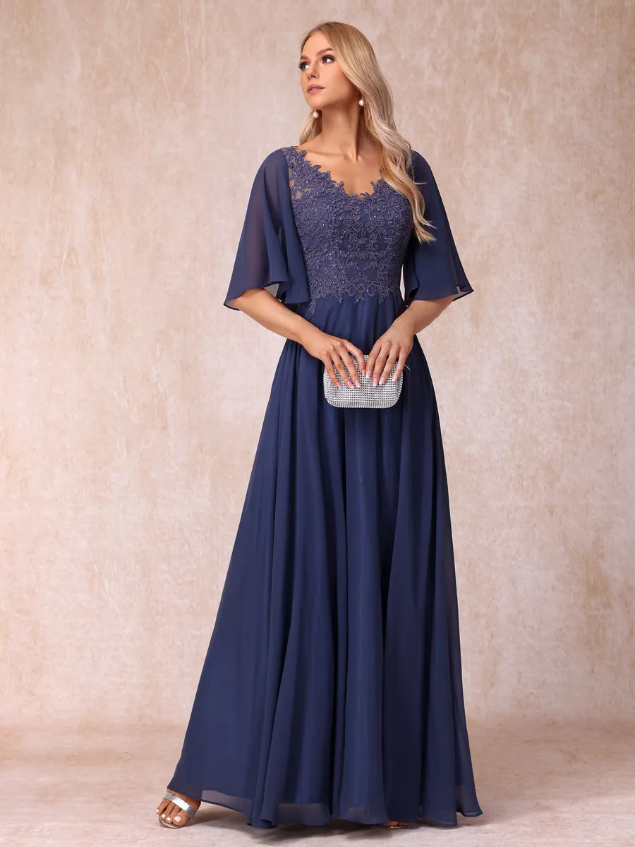 A-Line/Princess V-Neck Half Sleeves Long Formal Evening Dresses with Beading & Appliques sold by Lavetir product image thumbnail 4