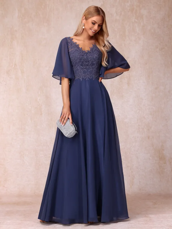 A-Line/Princess V-Neck Half Sleeves Long Formal Evening Dresses with Beading & Appliques sold by Lavetir