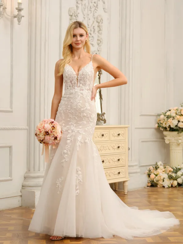 Trumpet/Mermaid Spaghetti Straps Sleeveless Long Wedding Dresses with Appliques sold by Lavetir