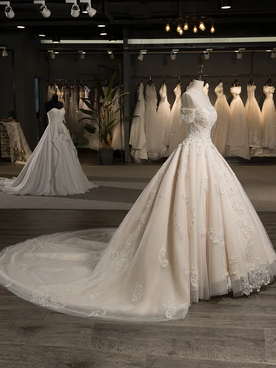 Off-the-Shoulder Short Sleeves Tulle Applique With Beading Court Train Ball Gown Wedding Dresses sold by Lavetir product image thumbnail 3