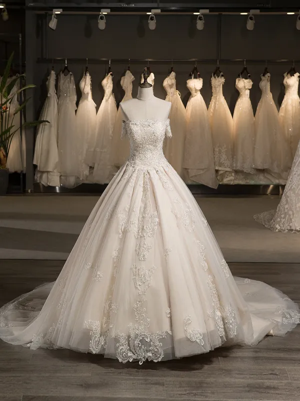 Off-the-Shoulder Short Sleeves Tulle Applique With Beading Court Train Ball Gown Wedding Dresses sold by Lavetir