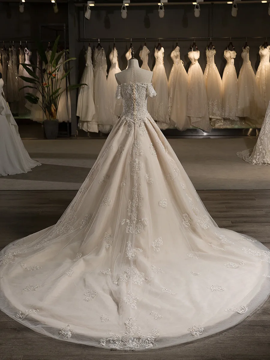 Off-the-Shoulder Short Sleeves Tulle Applique With Beading Court Train Ball Gown Wedding Dresses sold by Lavetir product image thumbnail 2