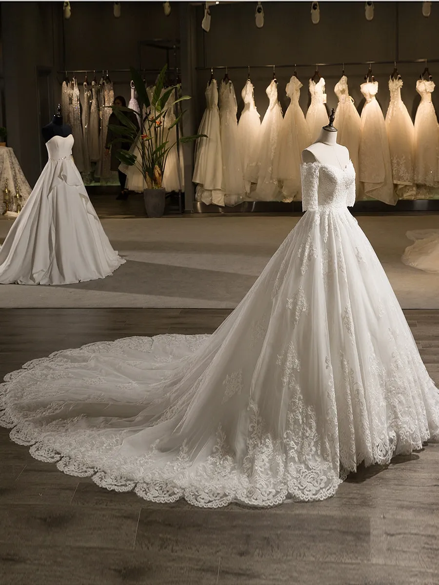 Off-the-Shoulder Half Sleeve Tulle Applique With Lace Court Train Ball Gown Wedding Dresses sold by Lavetir product image thumbnail 3