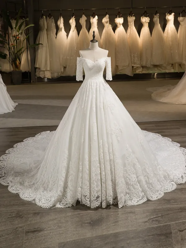 Off-the-Shoulder Half Sleeve Tulle Applique With Lace Court Train Ball Gown Wedding Dresses sold by Lavetir