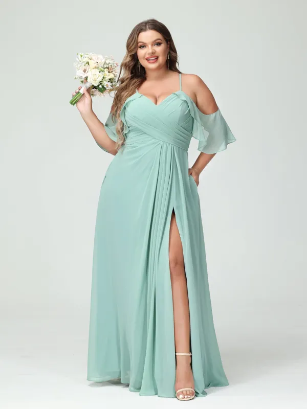 A-Line/Princess Spaghetti Straps Short Sleeves Chiffon Ruched Split Side Plus Size Bridesmaid Dresses with Pockets sold by Lavetir